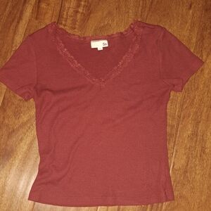 SO Burgundy baby doll tee with lace neckline